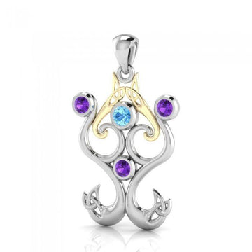 An endless life’s motif ~ Sterling Silver Celtic Triquetra Pendant with 14k Gold Accent and Gemstone MPD1274 - Jewelry